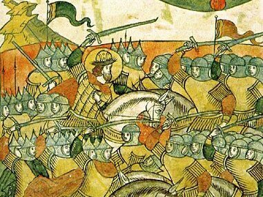 Ледовое побоище. Фрагмент миниатюры Лицевого летописного свода, середина XVI века 