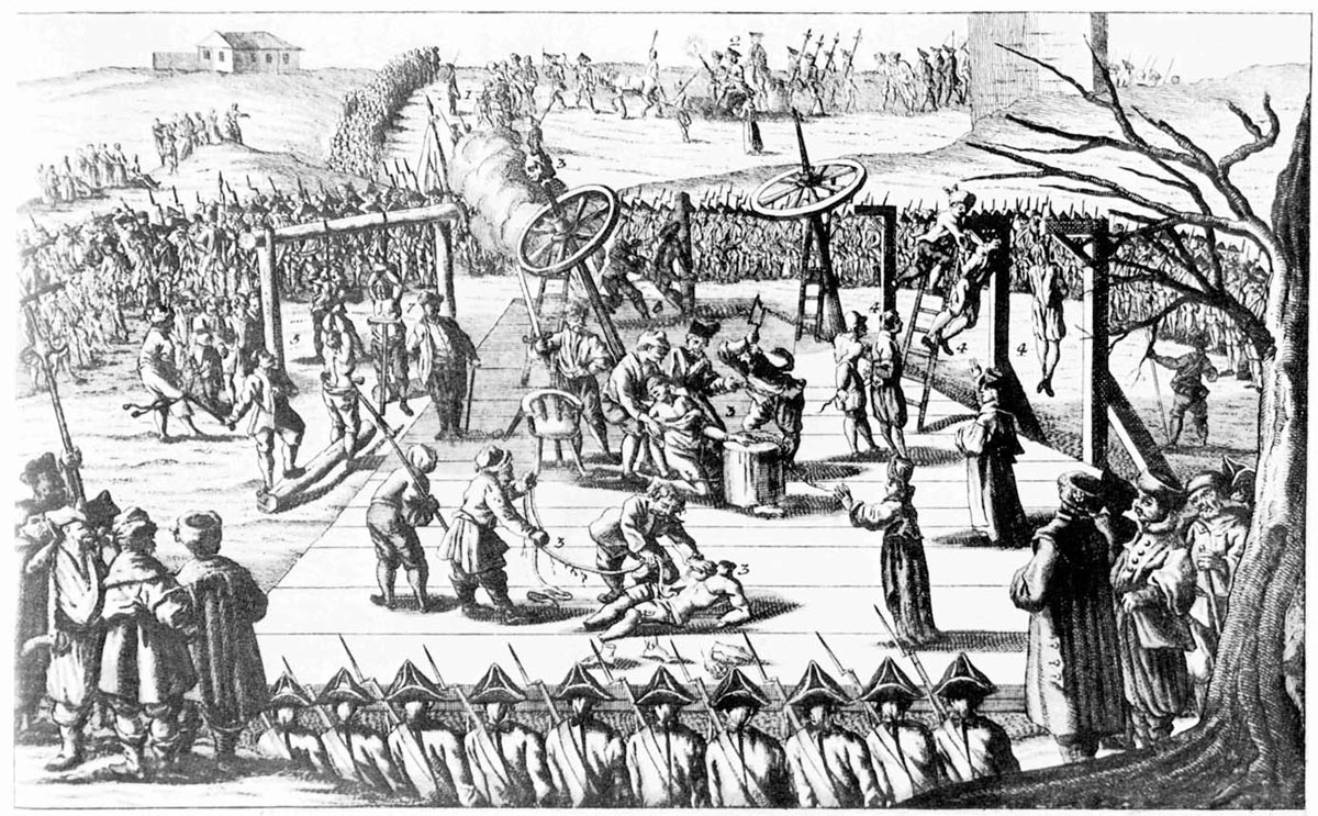 Гравюра XVIII века, изображающая казнь пугачевцев.