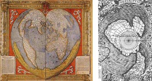 Карта мира Оронтеуса Финиуса (1532) – северное полушарие, южное полушарие.