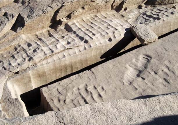 Там, где Нил прорезает Нубийское нагорье и вырывается на равнину, расположены знаменитые асуанские каменоломни. Начиная с эпохи Древнего царства, а возможно, и раньше, здесь добывали розовый гранит. Камень этот играл особую роль в жизни египтян: из него делали порталы храмов, саркофаги, статуи царей и, конечно же, массивные обелиски.  Один из таких остался незавершенным, так и не покинув пределы каменоломни. Это знаменитый Асуанский обелиск, до сих пор вызывающий интерес ученых-египтологов.  ОХОТА НА ОБЕЛИСКИ  Само слово «обелиск» греческого происхождения, и означает оно «вертел». Египтяне же называли эти каменные столбы «бен-бен». Так именовали упавший с неба камень пирамидальной формы, который установили на столбе в священной столице — городе Иуну (греки называли его Гелиополисом).  Обелиск у храма в Луксоре    Все египетские обелиски так или иначе повторяют форму священного бен-бена: это столбы правильного квадратного сечения с пирамидальной вершиной, которая обычно покрывалась золотом или медью (разумеется, металлическое покрытие до сегодняшнего дня не сохранилось). Практически все известные монументы изготовлены из розового гранита.  Любопытно, что немалое их число находится за пределами Египта. После установления своего господства римляне начали вывозить обелиски в Италию. Сегодня Вечный город украшают тринадцать каменных столбов из Египта. В XIX веке настоящую охоту за египетскими древностями устроили французы и англичане. Не обошли они своим вниманием и обелиски. Поэтому их можно увидеть и в Париже, и в Лондоне, и даже в Нью-Йорке.  ТАЙНЫ КАМЕНОТЕСОВ  Наибольшего расцвета производство обелисков достигло в период Нового царства (XVI—XI вв. до н. э.). Особенно отличились в этом отношении фараоны Тутмос III и Рамсес II. Последний, как считается, за время своего правления успел воздвигнуть целых 23 глыбы. В среднем высота обелисков равнялась 20 метрам, вес каждого превышал 200 тонн. Практически все известные на сегодня монументы обильно покрыты иероглифами, славящими царей и их деяния.  Но самый большой из известных в Египте обелисков — Асуанский. Его длина составляет 41,8 метра! Он не был завершен, на нем нет никаких надписей, поэтому до сих пор не определена дата его изготовления. Но специалисты (почему-то) относят его ко времени Древнего царства, то есть к эпохе Великих пирамид.  Предполагается, что добыча камня для обелисков производилась следующим образом. Вначале в скале вырубали отверстия, затем в них забивали деревянные клинья, которые поливали водой. Дерево разбухало и разламывало породу. Получившиеся блоки выравнивали и при необходимости шлифовали. Еще древнеримский историк Плиний Старший I в. н. э.) упоминал, что разделка камня осуществлялась при помощи тонких пил, под полотно которых постоянно подсыпали мелкодисперсный песок, служивший абразивом.  Но с Асуанским обелиском все обстоит несколько иначе. Он расположен на поверхности и лежит под небольшим углом к гранитному массиву. По всему периметру монолит окружен узкой траншеей шириной менее одного метра. Таким образом, получается, что глыба выдолблена в скале и работы велись сверху, а не с боков. Какой инструмент при этом использовался? Понятно, что о применении пил говорить здесь не приходится.    Боковые стороны обелиска и окружающей его траншеи имеют следы большого округлого инструмента. Впрочем, аналогичные следы встречаются во множестве. И похожи они, скорее, на следы от гигантской стамески. Но можно ли представить себе стамеску с рабочей кромкой в 30 сантиметров, режущей гранит, словно пластилин? На самом монолите, кстати, имеются многочисленные следы пропилов и традиционной техники колки при помощи клиньев. Но они оставлены явно в более поздние времена, и эти попытки не нанесли существенного урона монолиту — ни расколоть, ни распилить его не удалось.  ИНСТРУМЕНТ, КОТОРОГО НЕ МОЖЕТ БЫТЬ  Можно предположить, что Асуанский обелиск остался незавершенным, поскольку в ходе работ, возможно, была допущена ошибка, и монолит повредился. Действительно, верхнюю часть камня пересекает продольная трещина, нарушившая его цельность. Но причины такого «брака» не обязательно кроются в просчетах строителей. Это могло быть, к примеру, результатом землетрясения.  Интересно другое. Раз уж древние египтяне начали вырезать подобный монолит, значит, они собирались его как-то транспортировать  и устанавливать.  И тогда возникает вопрос: каким образом монолит, расположенный внутри скалы и окруженный узкой траншеей по периметру, можно было отделить от каменного массива?      Пять лет назад на территории асуанских каменоломен открыли для посещения туристов еще один участок, расположенный позади лежащего исполина. И здесь находится еще один незаконченный обелиск. Он меньше своего огромного соседа, и сохранилась от него только треть. Оставшуюся часть также не успели отделить от материнской породы, но работы продвинулись дальше.  Древние каменотесы начали процесс отделения монолита от каменного массива. И здесь мы видим ту же технологию: следы «лопатки» вгрызаются в гранит, как в пластилин. Узкая траншея, где человеку негде даже размахнуться для удара инструментом по породе, огибает обелиск со всех сторон. Возможно ли сделать такое при помощи каменных отбойников или пил? Однозначно, нет.  А ПОДНЯТЬ КАК?  И, кстати, о весе. Сегодня называют разные цифры, но чаще всего можно услышать, что вес Асуанского монолита составляет 1 200 тонн. Конечно, взвесить такого исполина никто не в состоянии, и его вес вычисляется арифметически. Хотя обелиск остался не отделенным от скалы, его размеры известны. Высота должна была бы составить 41,8 метра, а основание представляет собой квадрат со стороной в 4,2 метра. Стороны идут параллельно на всем протяжении, только в верхней части сужаются, образуя вершину.  Если принять среднюю плотность гранита за 2 600 кг на кубический метр, то легко можно вычислить вес монумента. И если не учитывать небольшое сужение у вершины, то расчетный вес Асуанского обелиска должен был бы составить примерно 1 900 тонн! Однозначно, это самый тяжелый в мире искусственный монолит.    И представьте себе: древние инженеры собирались такой монолит куда-то двигать и затем устанавливать. Конечно, Книга рекордов Гиннесса полна примеров, когда человек в одиночку сдвигал с места большегрузные автомобили, самолеты и железнодорожные вагоны. Но во всех этих случаях речь идет об огромных грузах, поставленных на колеса, и двигать их предстояло по ровной горизонтальной поверхности. Каким же образом можно было решить задачу транспортировки по неровной гористой местности цельного монолита весом почти в 1900 тонн?    НАСЛЕДНИКИ ИНОЙ ЭПОХИ  Искусство обработки гранита достигло в Древнем Египте небывалых высот. И оно вызывает не только уважение, но и изумление. Действительно, нельзя же объяснить все принципом «упорство и труд все перетрут». Дошедшие до нас образцы древнеегипетской гранитной архитектуры демонстрируют высочайший уровень технологии обработки и строительства. Причем чем дальше к истокам египетской цивилизации мы уходим, тем уровень этот выше.  Мастерство -создателей памятников Гизы так и осталось непревзойденным. Наоборот, налицо деградация, начавшаяся после эпохи Древнего царства, то есть после III тысячелетия до н. э. И в этом смысле вполне уместны и правомерны гипотезы тех исследователей, которые считают Древний Египет наследником еще более древней и более развитой цивилизации. Не исключено, что Асуанский обелиск тому свидетельство.  Андрей ЖУКОВ